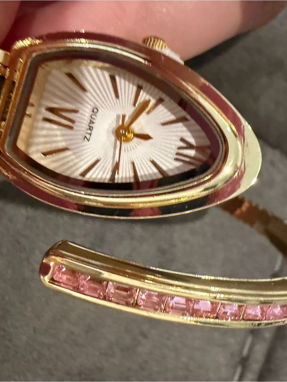 Gold-Plated Snake Cuff Bracelet Watch with Pink and Green Sones